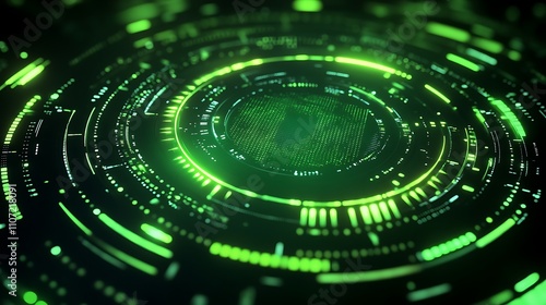 Futuristic Digital Background with Green Circles and Data Streams for Technology and Innovation Themes