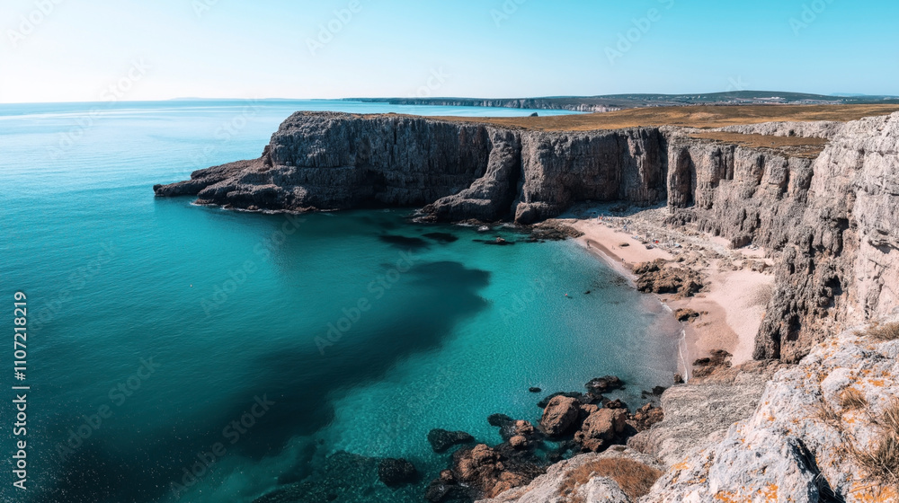 Obraz premium Coastal landscape with tall rocky cliffs and a secluded sandy beach beside crystal clear turquoise waters under a clear blue sky.