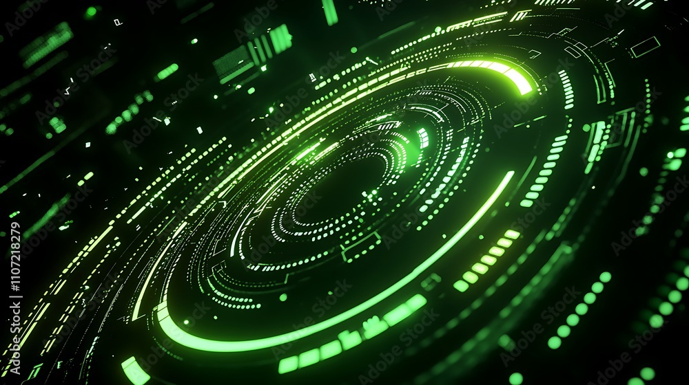 Futuristic Digital Circle Design with Green Lights and Circuits on Dark Background for Technology Concepts Futuristic Digital Circle Design with Green Lights and Circuits on Dark Background for Technology Concepts