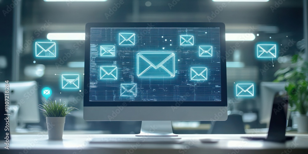 Fototapeta premium AI-Powered Email Inbox: A futuristic office email inbox displayed on a computer screen, with AI icons suggesting smart features like auto-replies, message categorization, and prioritization. 