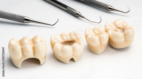 Close-up view of four dental crowns on a white surface with dental tools in the background, showing different angles and details of the crowns. photo