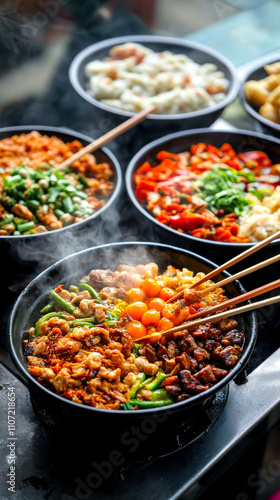 Wallpaper Mural A vibrant array of steaming bowls filled with various colorful dishes, accompanied by chopsticks, showcasing diverse culinary delights. Torontodigital.ca