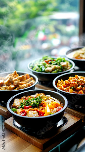 A vibrant display of steaming hot dishes in traditional bowls, showcasing colorful ingredients and a rich array of flavors.