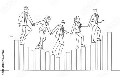 One line drawing of employees holding hands and walking on bar graph from downtrend to uptrend following manager, leadership in solving problems and bringing success back concept, single line art