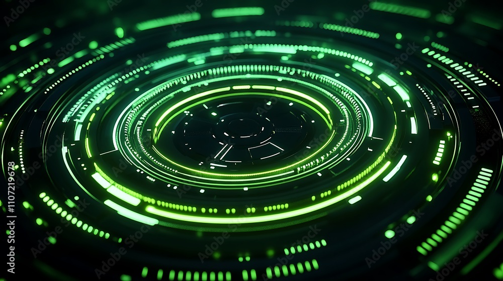 Futuristic Digital Interface with Green Light Circles and Technology Elements for Abstract Backgrounds Futuristic Digital Interface with Green Light Circles and Technology Elements for Abstract Backgrounds