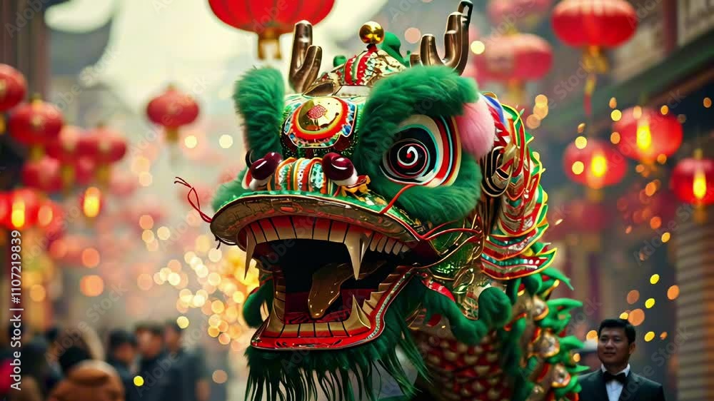 Chinese New Year with a vibrant Dragon Dance. The green and red dragon ...