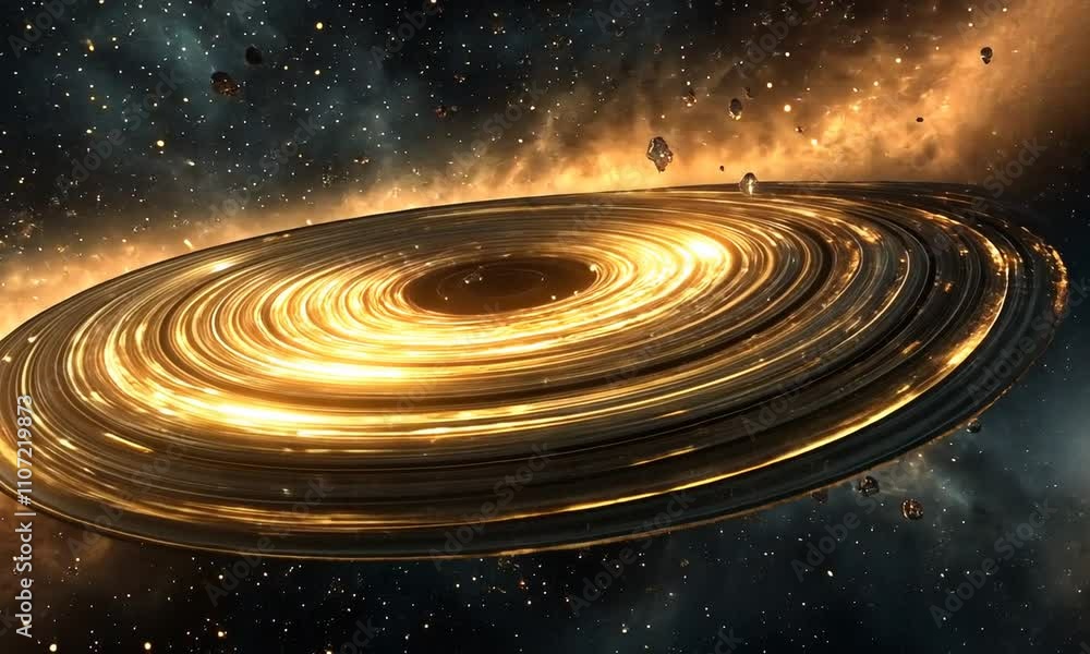 A stunning depiction of a glowing galaxy with swirling rings and stars in a cosmic setting. A stunning depiction of a glowing galaxy with swirling rings and stars in a cosmic setting.