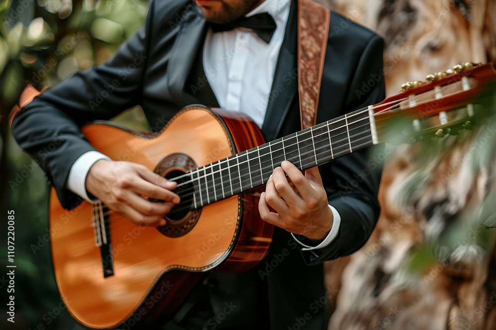 Generative AI Image of a Guitarist Performing with Acoustic Guitar Generative AI Image of a Guitarist Performing with Acoustic Guitar