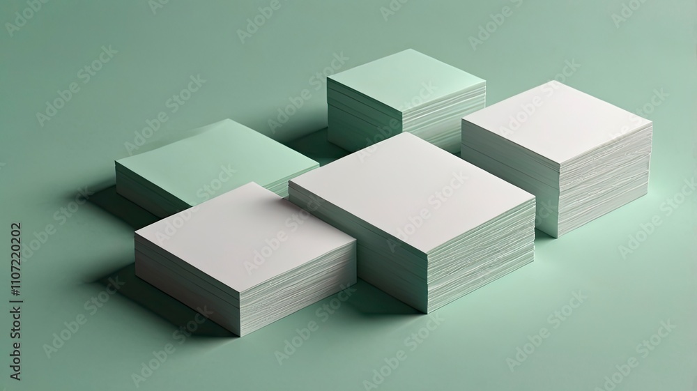 White square shape business card mockup stacking on green mint pastel color table background. Branding presentation template print. 2.5 x 2.5 inch paper size cover. 3D illustration rendering White square shape business card mockup stacking on green mint pastel color table background. Branding presentation template print. 2.5 x 2.5 inch paper size cover. 3D illustration rendering