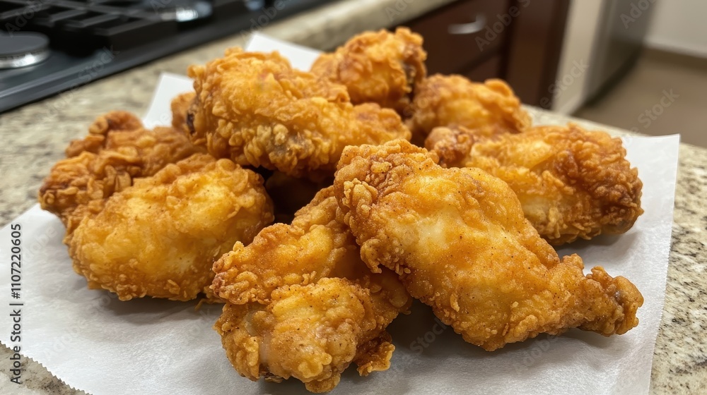 Fresh Buttermilk Fried Chicken on Kitchen Counter Fresh Buttermilk Fried Chicken on Kitchen Counter