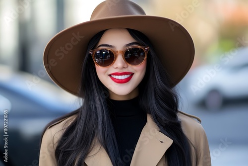 Smiling woman in a wide-brimmed hat and sunglasses, showcasing bold red lipstick.