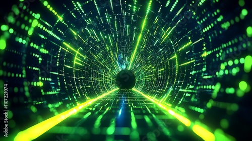 Futuristic digital tunnel with vibrant green and blue glowing particles representing data flow and technology concepts