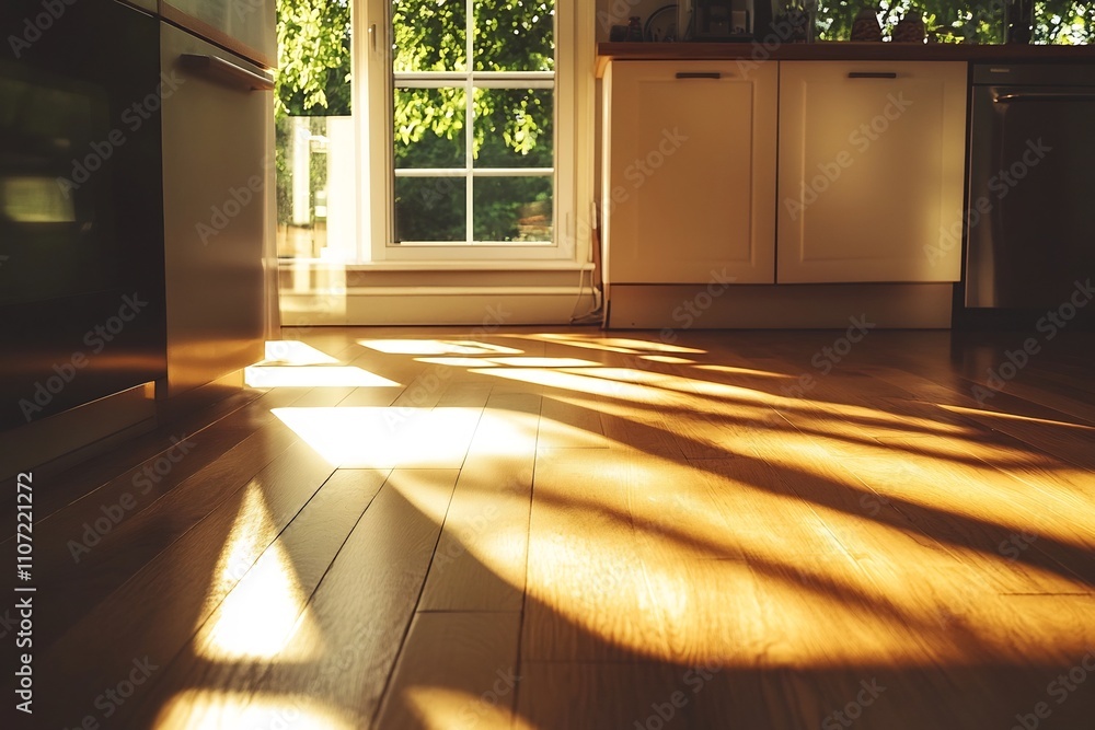 Fototapeta premium Sunlight Streaming Through Large Window Onto Warm Hardwood Floor in Modern Kitchen