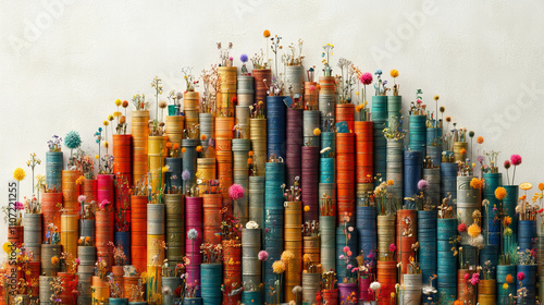 Wallpaper Mural Colorful stacked cans with flowers create vibrant, artistic display. arrangement features variety of flowers and plants, showcasing mix of textures and colors against neutral background Torontodigital.ca