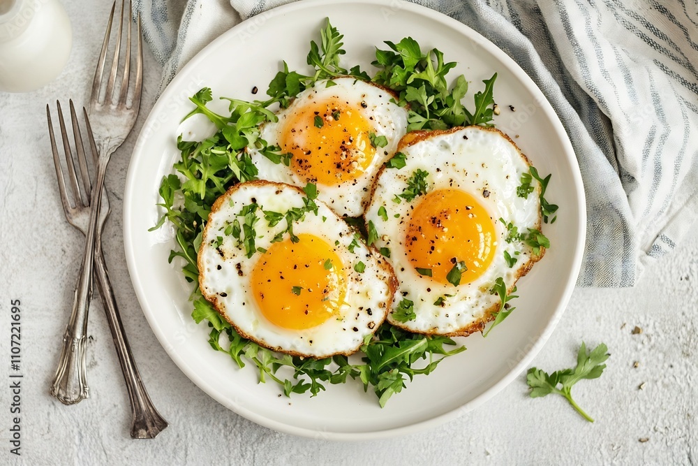 Sunny side up Eggs Served on Simple White Plate with Light Background Sunny side up Eggs Served on Simple White Plate with Light Background