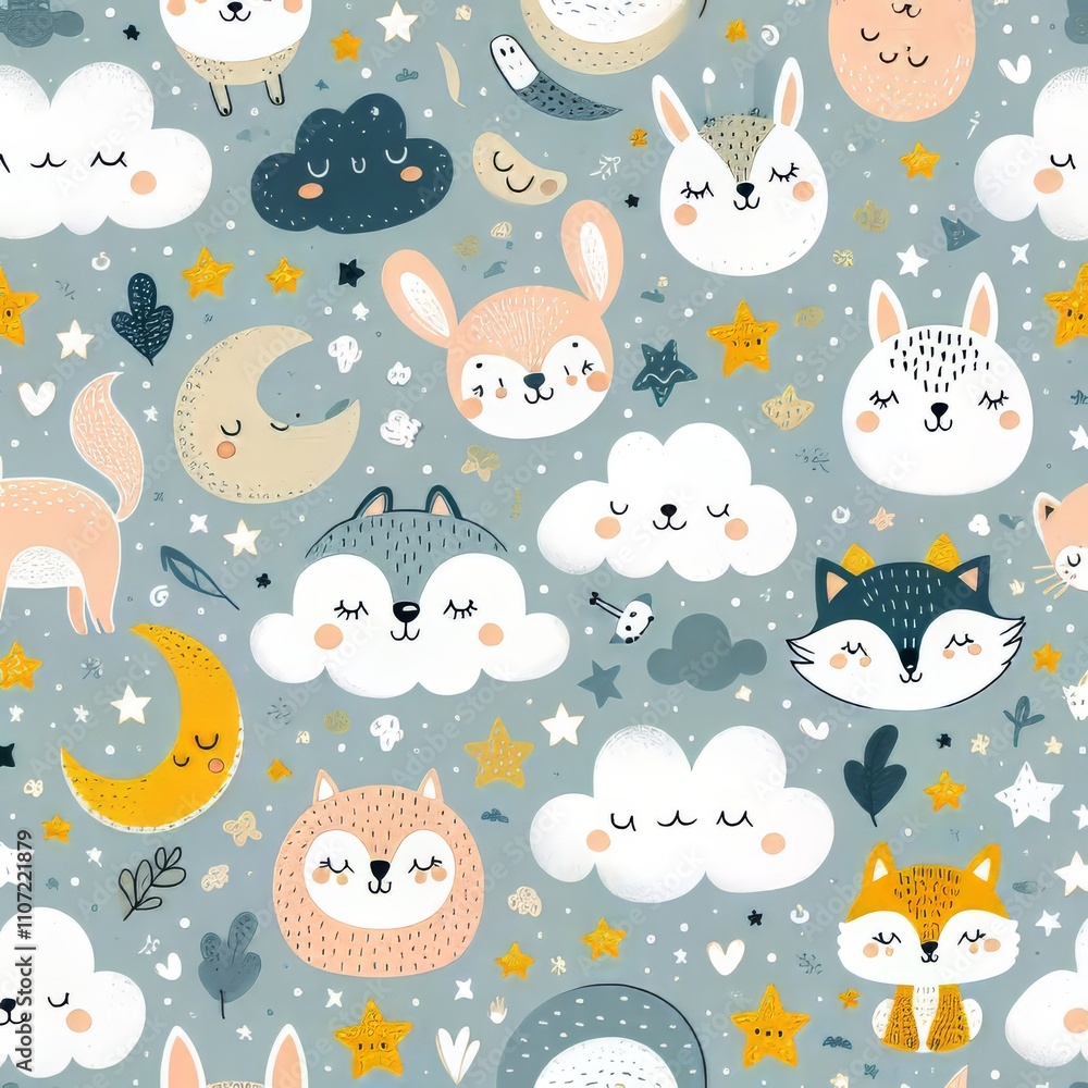 Naklejka premium Seamless pattern with cute animals moons stars and clouds.
