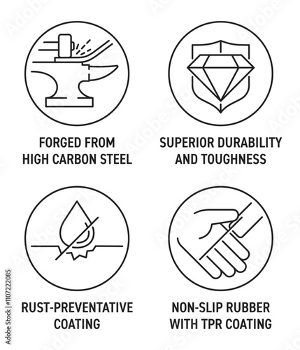 Hammer benefits circular icons set - High carbon steel, Durability, Rust-preventative, Non-slip