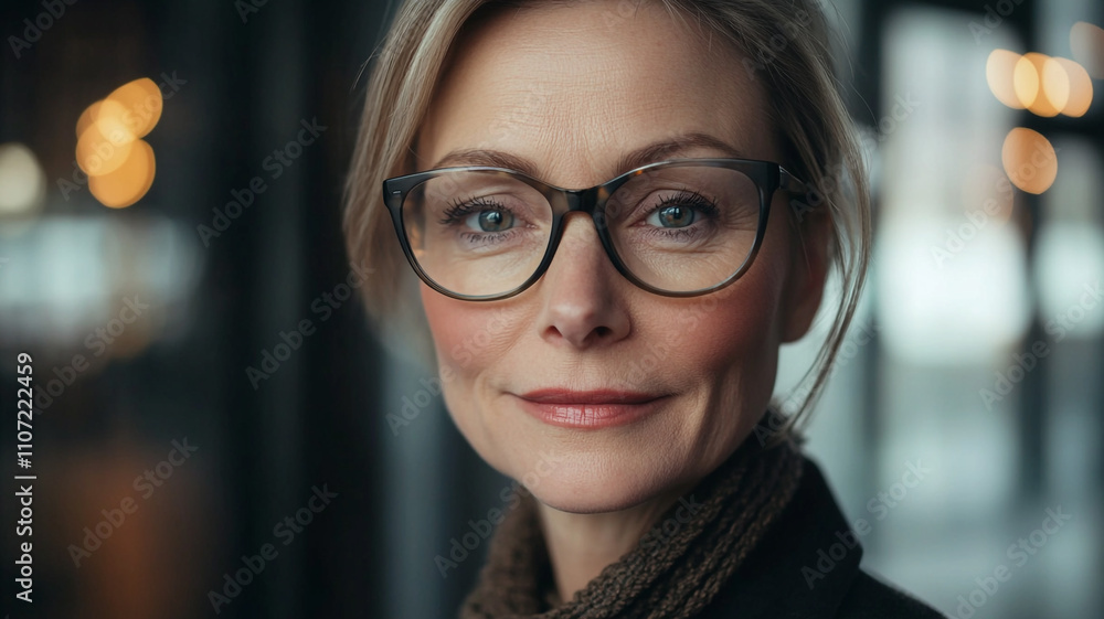 Smiling businesswoman with glasses in the office, close-up of her face and eyes, wearing fashionable eyewear, brunette with a cute look Smiling businesswoman with glasses in the office, close-up of her face and eyes, wearing fashionable eyewear, brunette with a cute look