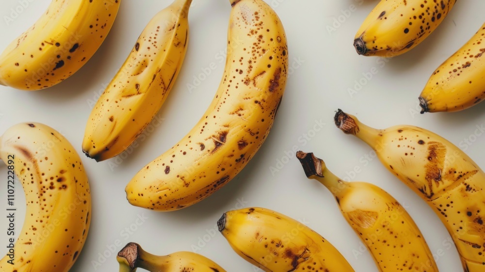 A collection of ripe bananas arranged on a light surface. A collection of ripe bananas arranged on a light surface.