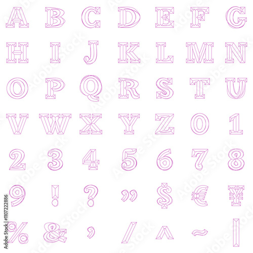 ピンクのノミフォント風のアルファベット大文字(山型文字)