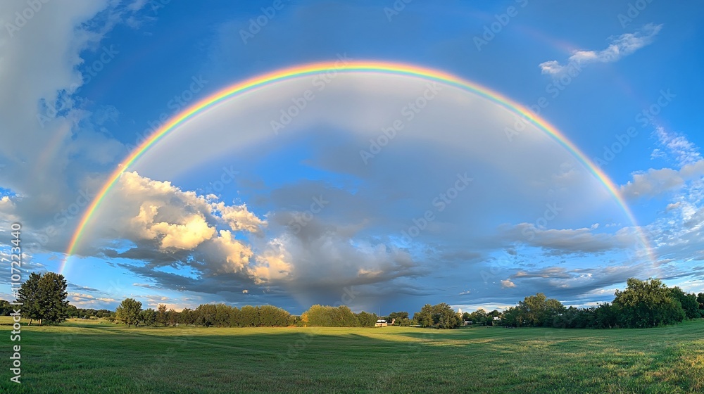 A vibrant rainbow arcs over a serene landscape with clouds and greenery. A vibrant rainbow arcs over a serene landscape with clouds and greenery.