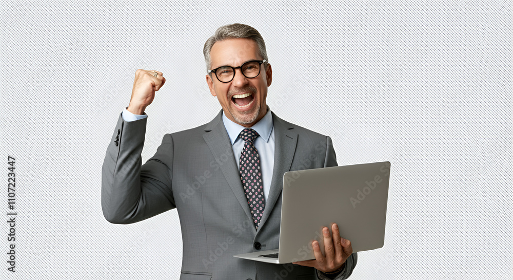 A confident businessman in a suit excitedly celebrates while holding a laptop. The image captures the moment of success, motivation, and achievement in a professional setting.