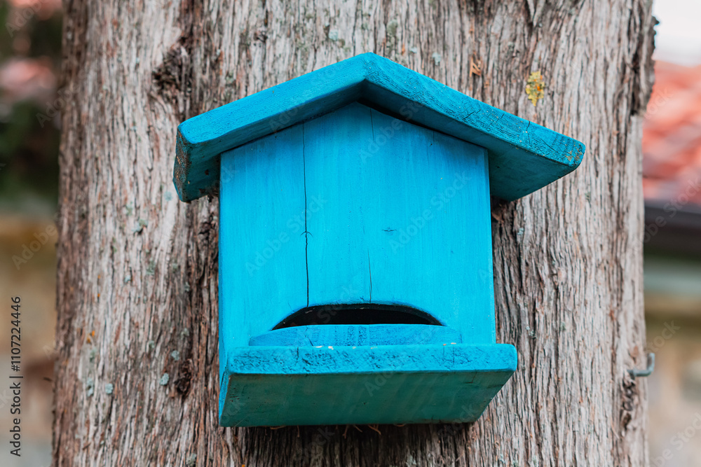 Bright blue birdhouse hanging on a tree trunk in a garden Bright blue birdhouse hanging on a tree trunk in a garden