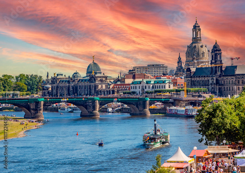 View of the city of Dresden in Saxony with the banks of the Elbe and the Frauenkirche photo