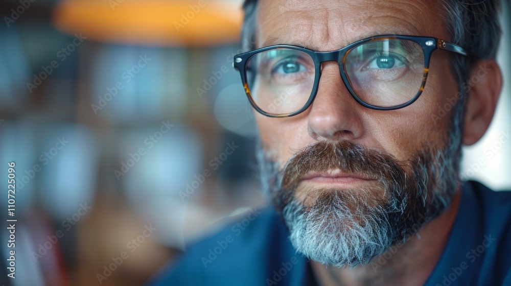 Close-up portrait of a mature man with glasses and a beard, looking thoughtful, with a blurred background. Close-up portrait of a mature man with glasses and a beard, looking thoughtful, with a blurred background.