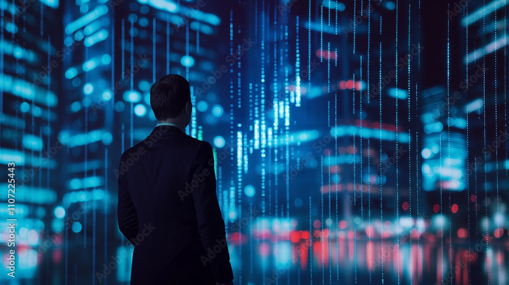 Businessman in a suit against the background of a blurred night city, business and financial progress concept. Financial investment, business, success. Man looking at the metropolis. Successful Businessman in a suit against the background of a blurred night city, business and financial progress concept. Financial investment, business, success. Man looking at the metropolis. Successful
