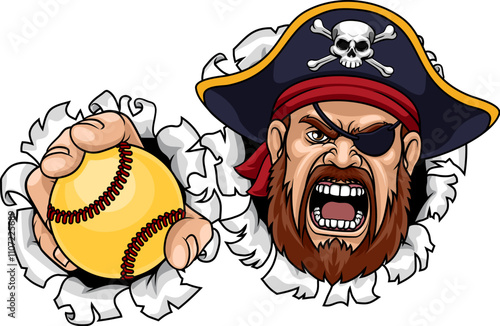 A Pirate man holding Softball ball sports team cartoon charcater mascot illustration.