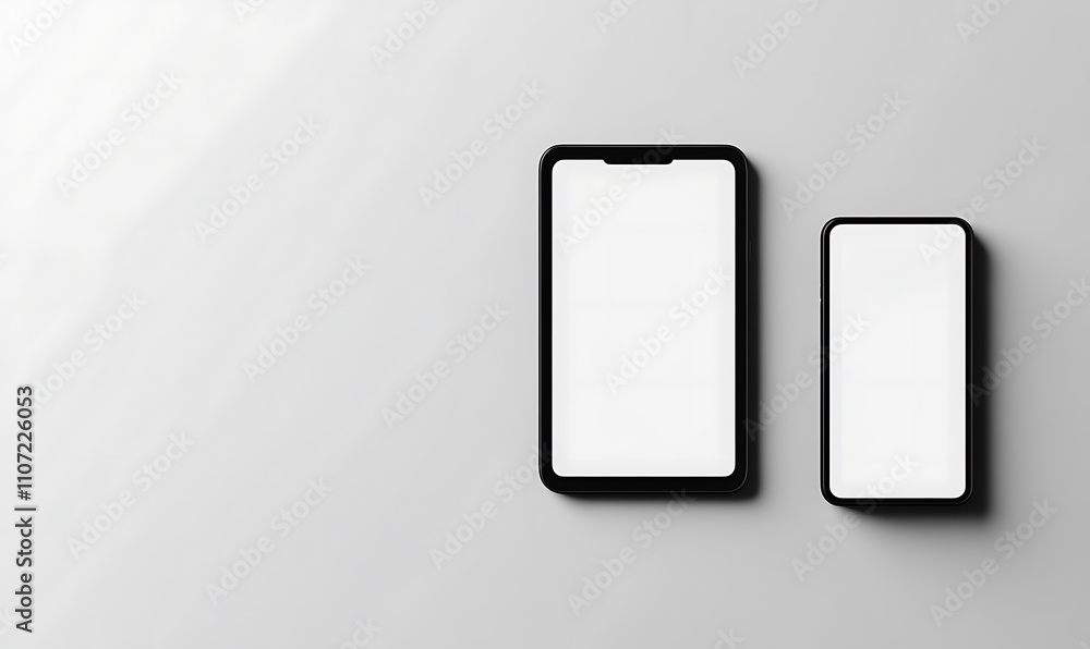 Two Smartphones Displaying Blank Screens On A Gray Background Two Smartphones Displaying Blank Screens On A Gray Background