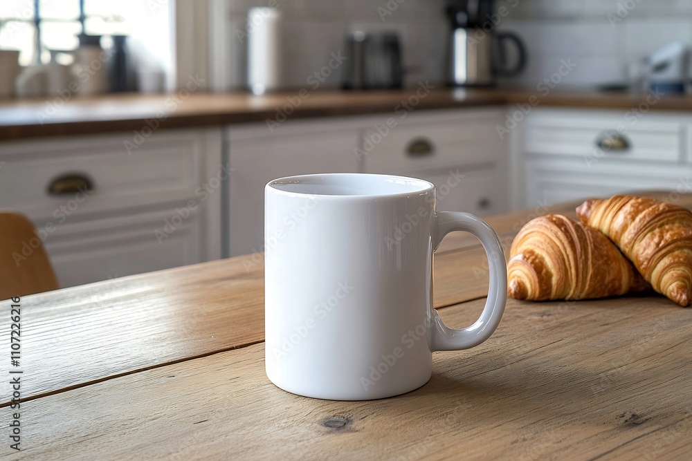 Cozy Kitchen Still Life with White Coffee Mug and Croissants on Wooden Table Cozy Kitchen Still Life with White Coffee Mug and Croissants on Wooden Table