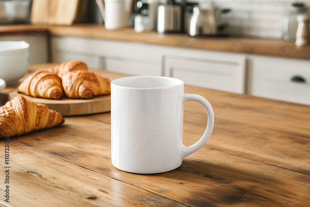 Cozy Morning in the Kitchen with Freshly Baked Croissants and a Steaming Cup of Coffee on Wooden Cozy Morning in the Kitchen with Freshly Baked Croissants and a Steaming Cup of Coffee on Wooden