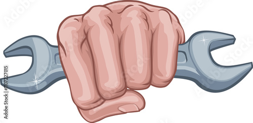 A fist hand holding a wrench or spanner in a comic book pop art cartoon illustration style.