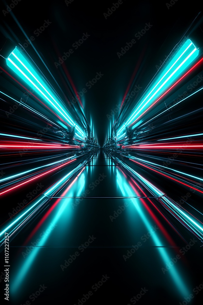 Fototapeta premium Futuristic neon tunnel with glowing light streaks and reflections in dark space environment