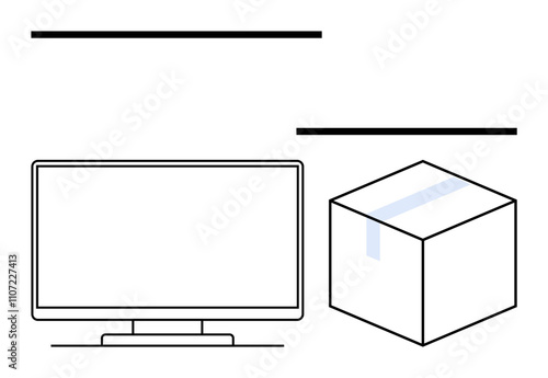 Desktop monitor and shipping box with tape. Ideal for e-commerce, tech setup, home office, shipping services, online shopping, unboxing experience, and workplace organization. Line metaphor