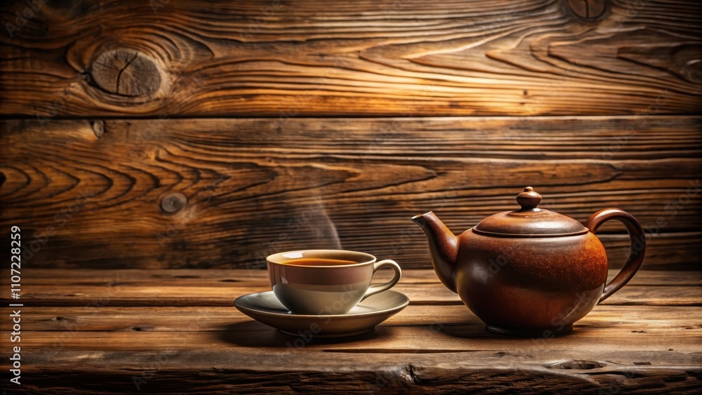Fototapeta premium Teapot and cup on a rustic wooden table, tea, drink, ceramic, beverage, morning, breakfast, teatime, hot, cozy, vintage