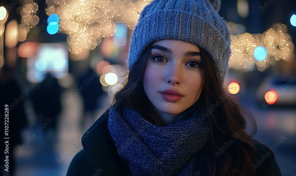 A young woman in winter attire, surrounded by festive lights. A young woman in winter attire, surrounded by festive lights.