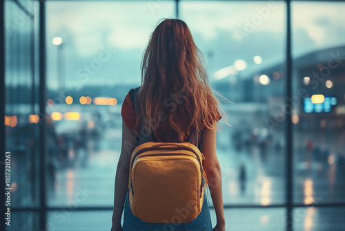 Young woman with a suitcase at the airport. Travel and vacation concept.  photo