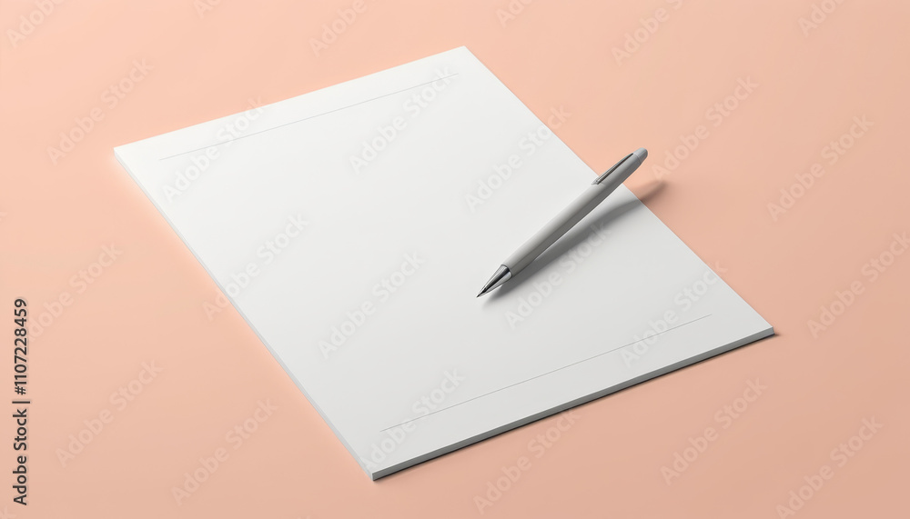 Simple gray pen lying on blank letterhead paper with soft peach background Simple gray pen lying on blank letterhead paper with soft peach background