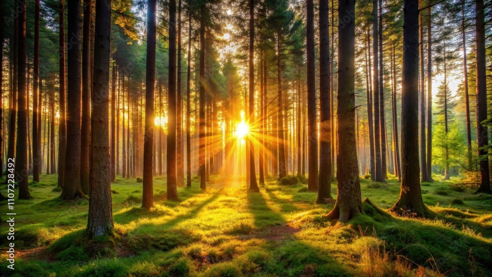Fototapeta premium Sunset shining through trees in a tranquil forest setting, sunset, forest, trees, nature, peaceful, evening, dusk