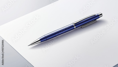 Sleek blue pen resting on clean white paper with minimalistic style