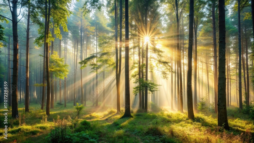 Fototapeta premium Misty forest in the morning with sunlight peeking through the trees, fog, atmospheric, trees, woods, peaceful, serene