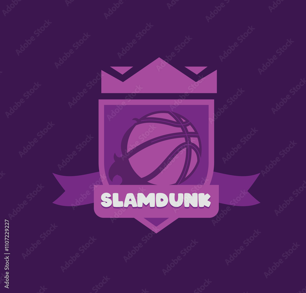 Obraz premium Purple Color Slamdunk Logo with Shield, cute style basketball with shield, crowd