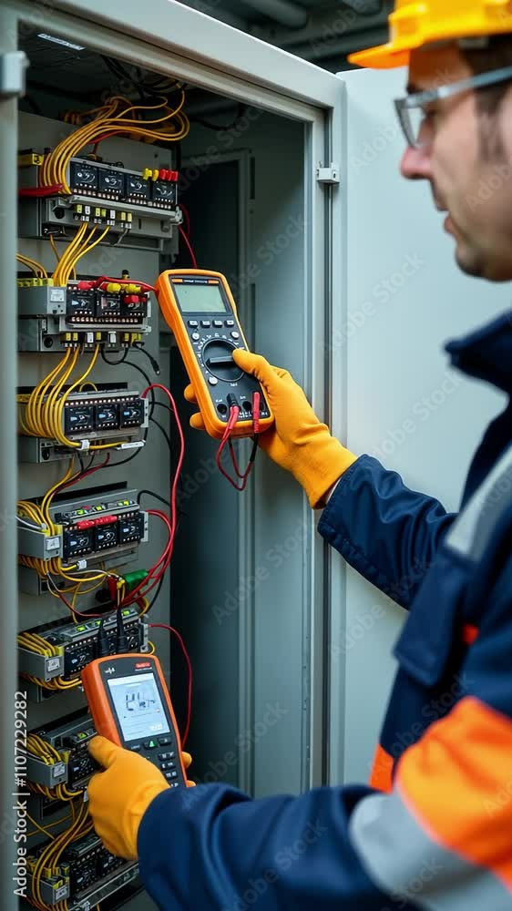 A skilled technician wearing protective gear meticulously inspects and tests an industrial electrical panel. the scene conveys precision, safety, and focus, the importance of routine maintenance. A skilled technician wearing protective gear meticulously inspects and tests an industrial electrical panel. the scene conveys precision, safety, and focus, the importance of routine maintenance.