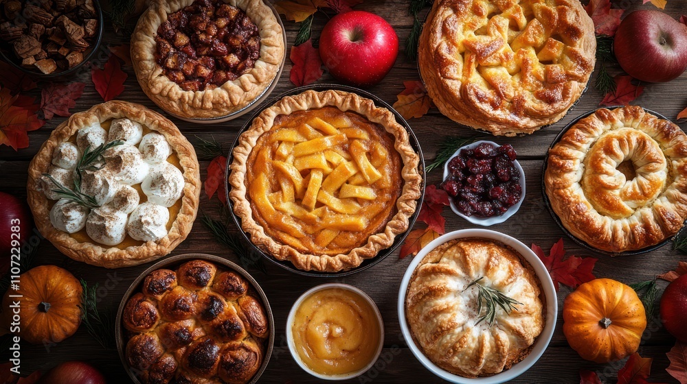 Assorted Thanksgiving pies, pastries, and autumnal elements arranged on a rustic wooden table. Assorted Thanksgiving pies, pastries, and autumnal elements arranged on a rustic wooden table.