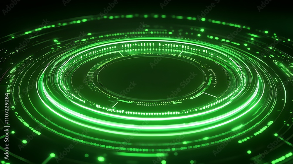 Obraz premium Green Light Circular Pattern with Abstract Circles and Digital Elements on Dark Background