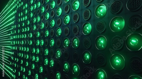 Green Light Display with Circular Patterns and LED Effects on a Dark Background for Creative Use in Art Projects