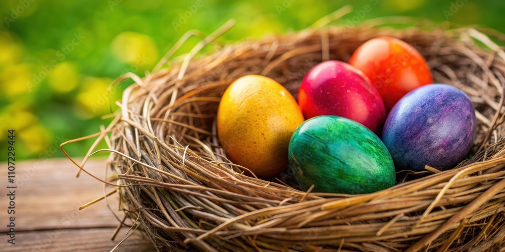 Colorful Easter eggs in a natural bird nest , Easter, eggs, nest, holiday, decoration, spring, pastel, vibrant Colorful Easter eggs in a natural bird nest , Easter, eggs, nest, holiday, decoration, spring, pastel, vibrant